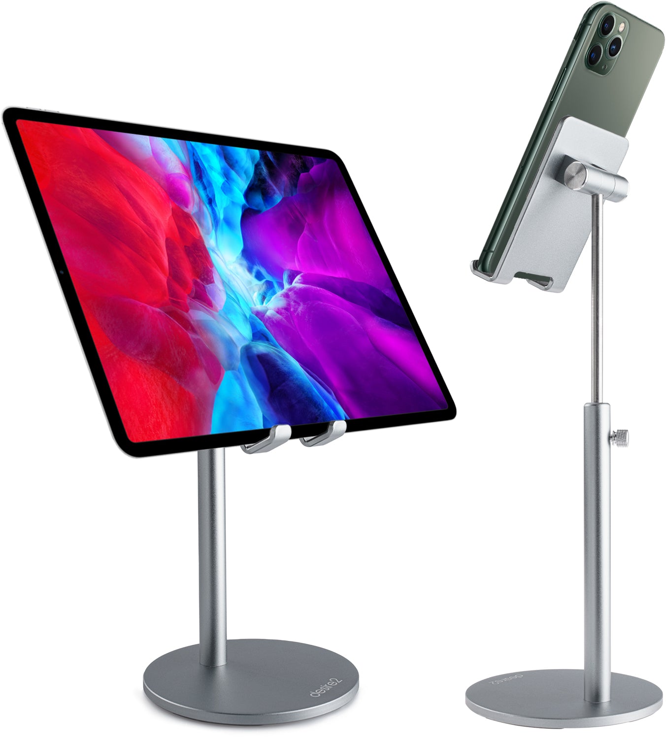 Adjustable height desk mounted phone and tablet stand made from solid metal. Shown holding an apple ipad pro from the front and iphone from the rear