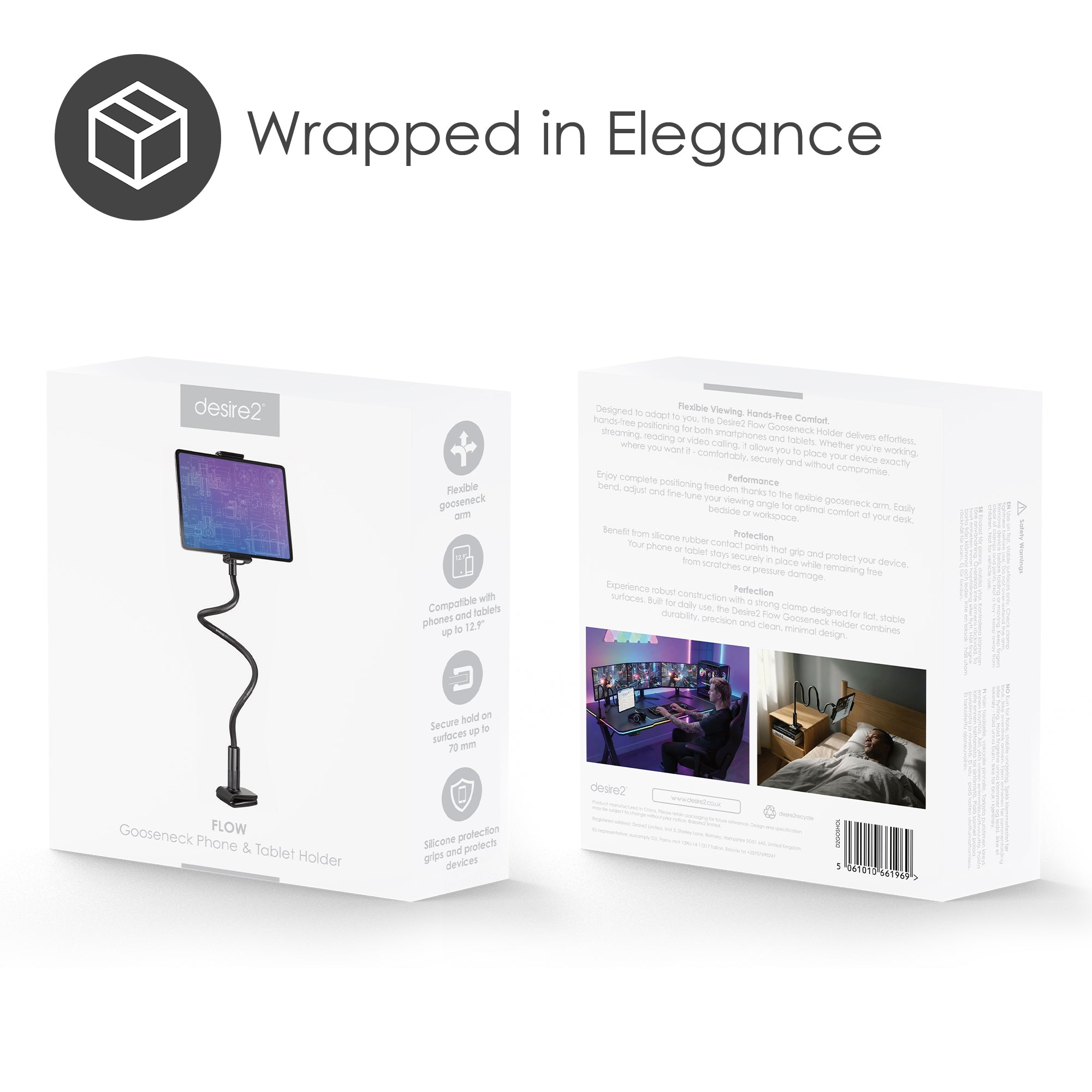 Product packaging with a stand and screen, labeled 'Wrapped in Elegance'.