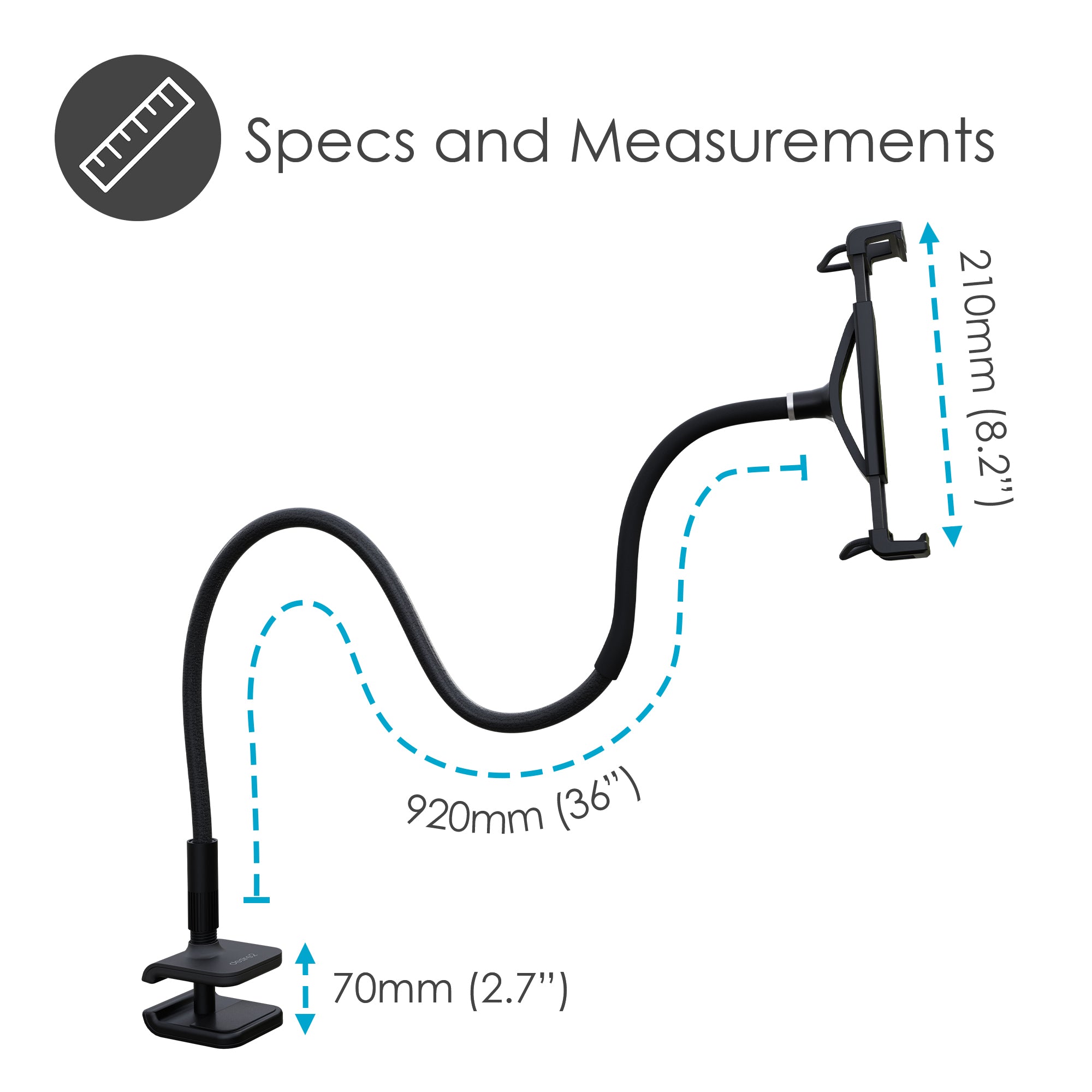 Measurement chart of a flexible arm with labeled dimensions on a white background