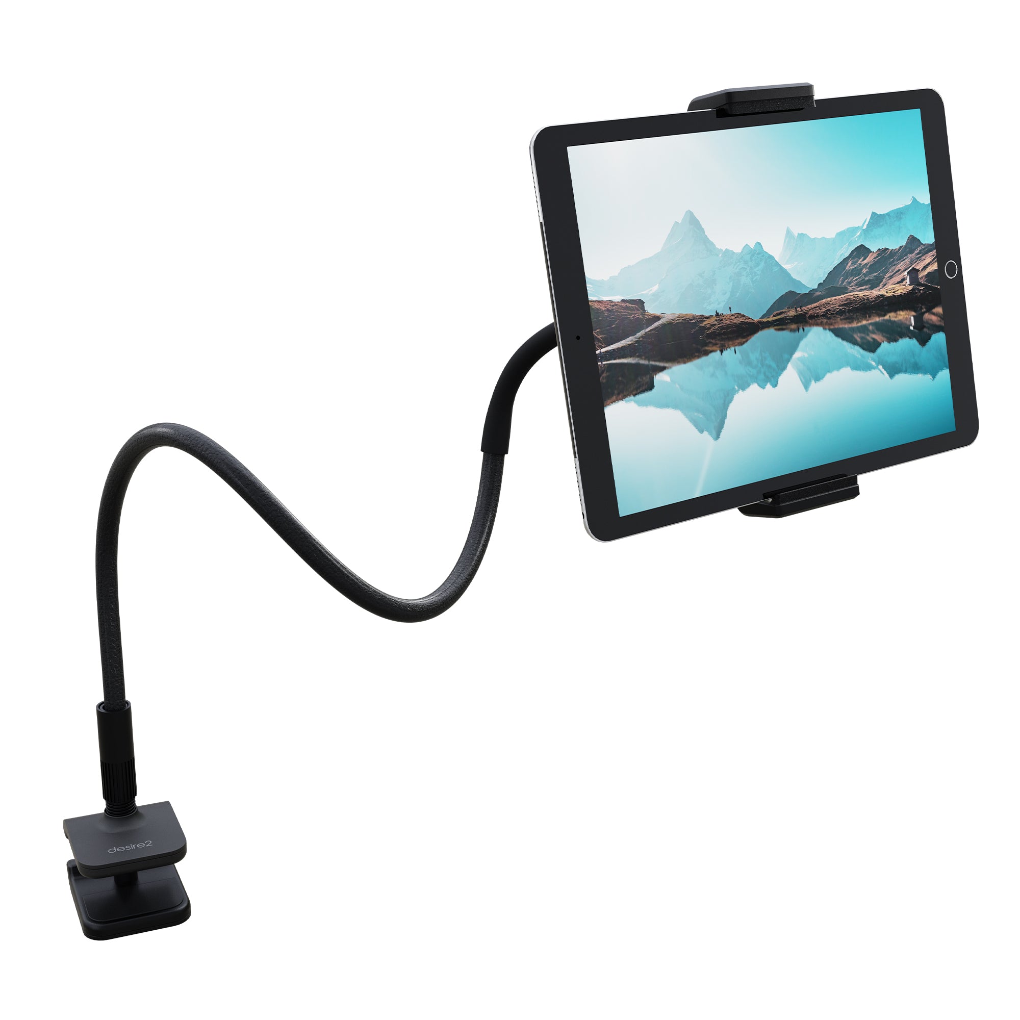 Tablet holder with a tablet displaying a scenic mountain view on a white background