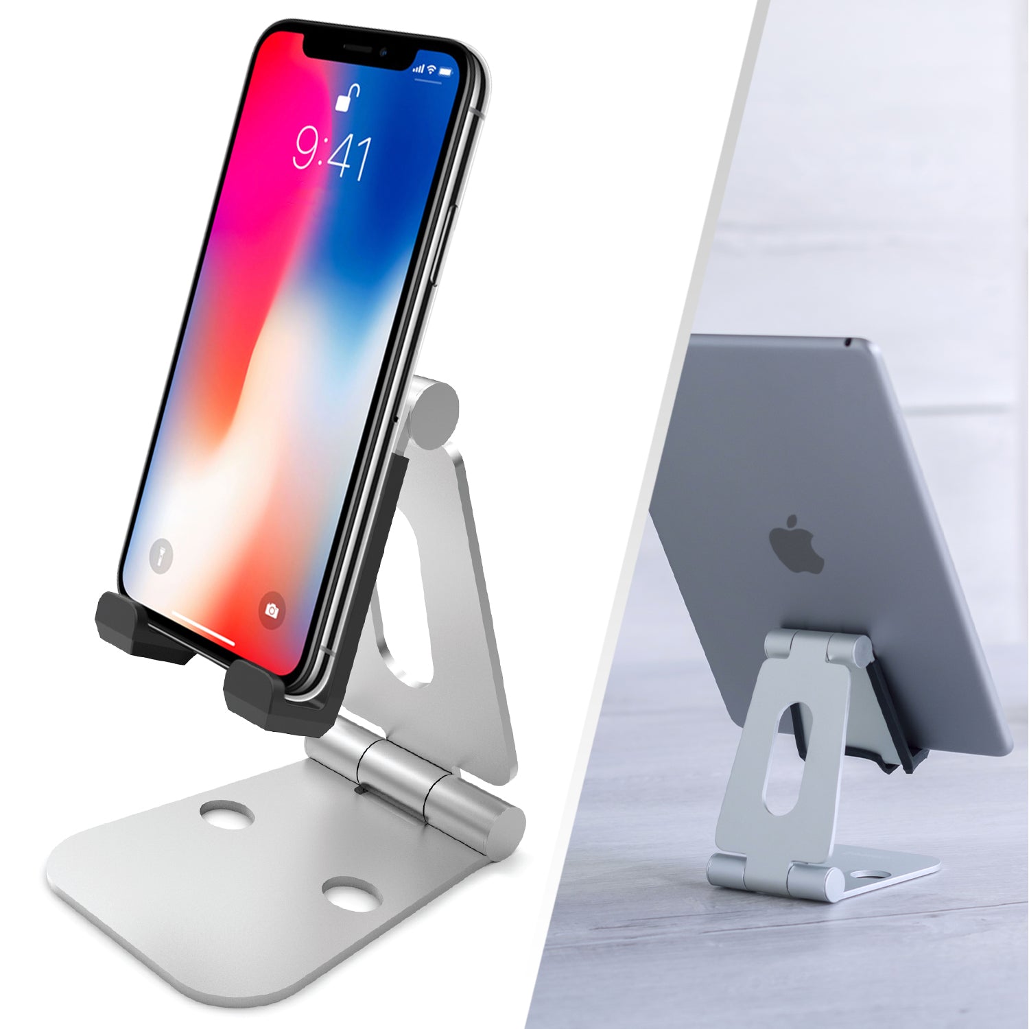 Split image of foldable aluminium desk stand. Left hand side shows iPhone facing forward in the stand, right image shows ipad from the rear.