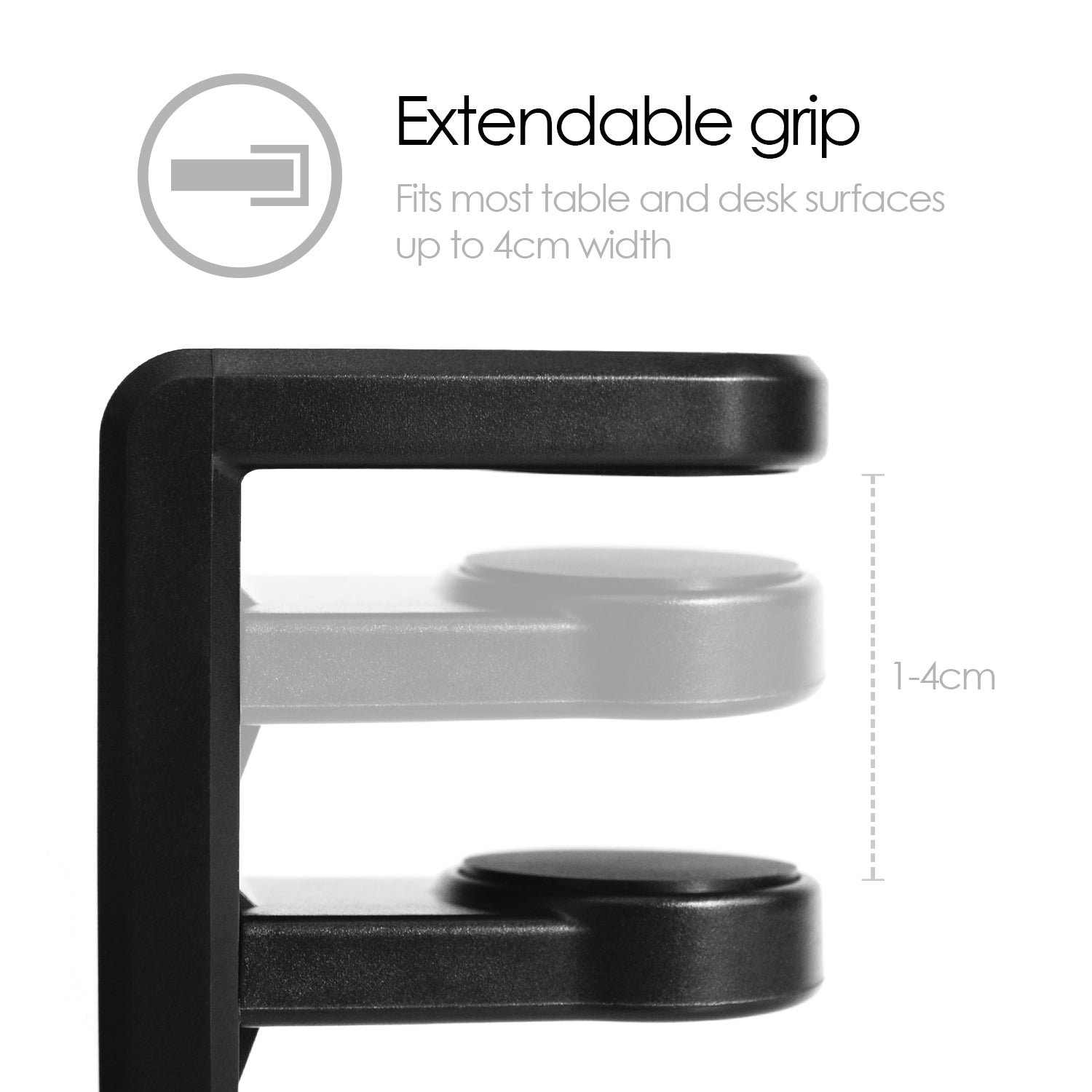 Extendable grip of headphone hanger. fits most tables and desk surfaces up to 4cm width