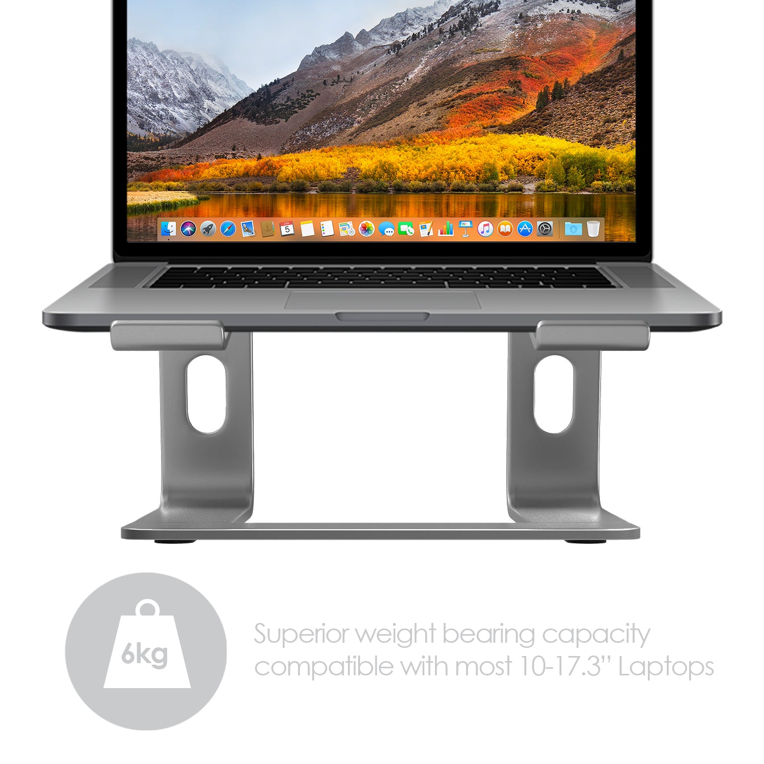 An Aluminium laptop riser stand holding An Apple macbook pro . Icon shows a weight with "6 kg". Text reads "superior weight bearing capacity compatible with most ten to seventeen inch laptops"