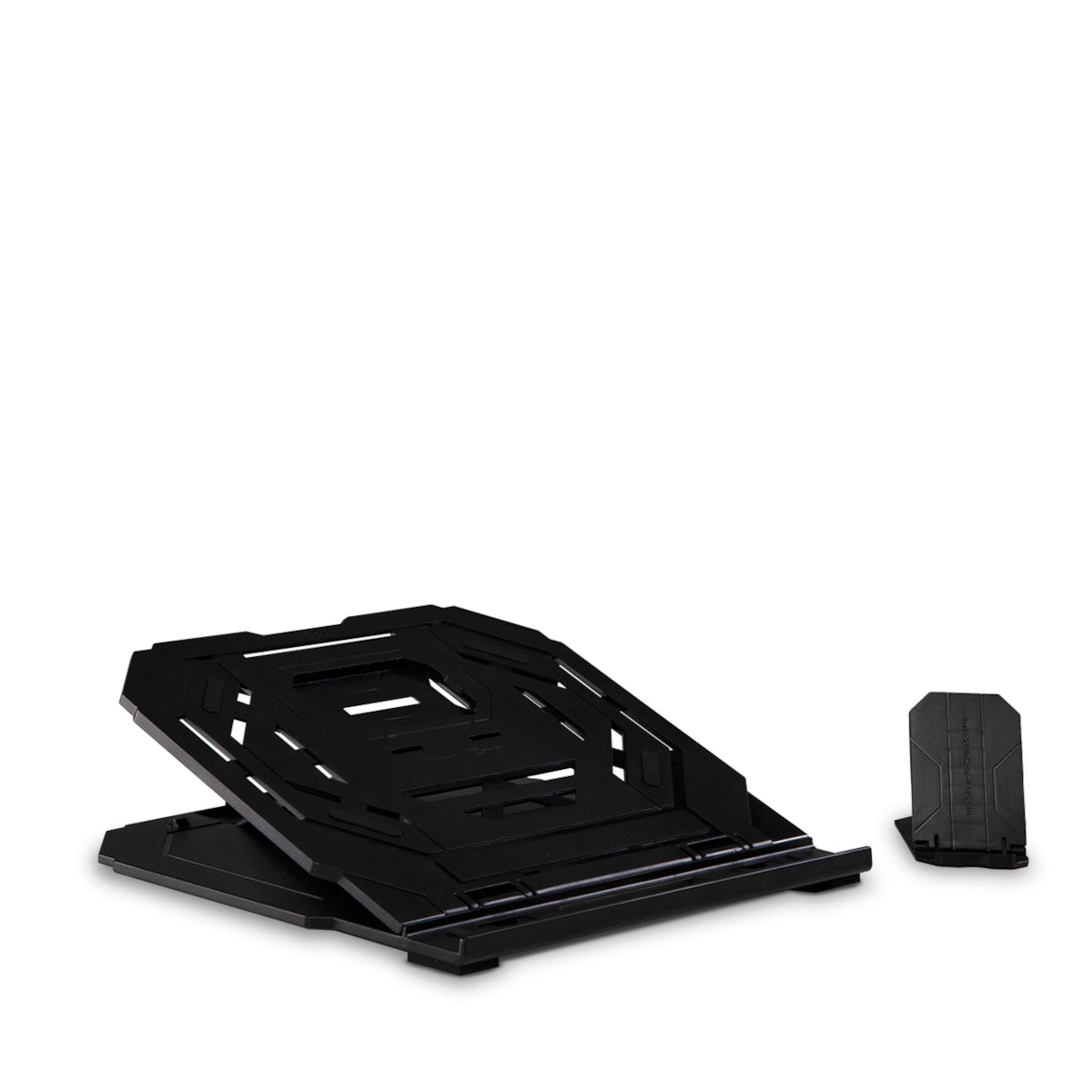 Lightweight black 360 degree rotatable stand with adjustable height angle .  Black phone stand placed next to laptop stand.