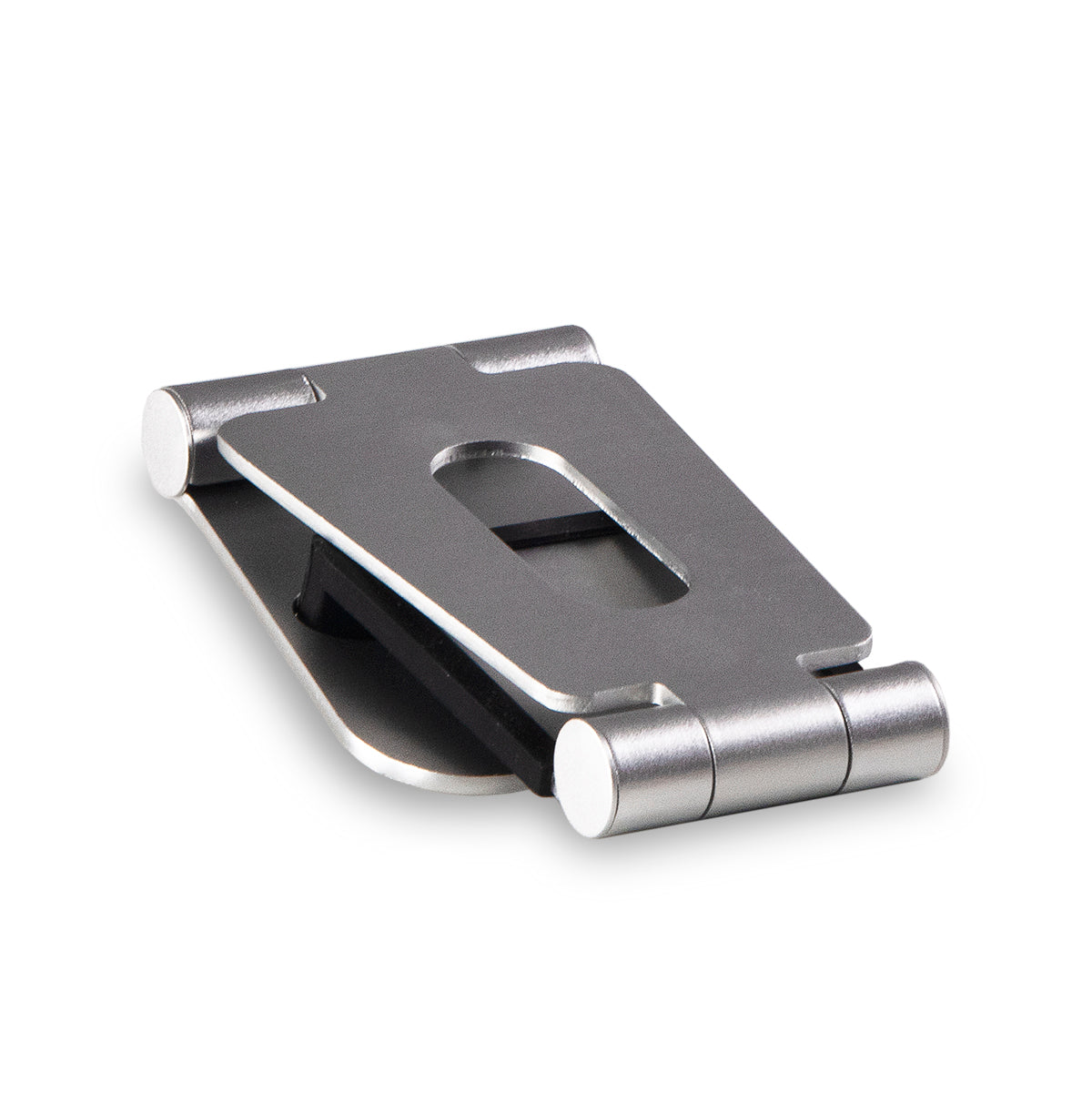 Silver Aluminum desk stand for Tablet and Smartphone with adjustable angles shown in the closed position. The cable cut out is visible and looks well engineered.  It looks slim and compact.