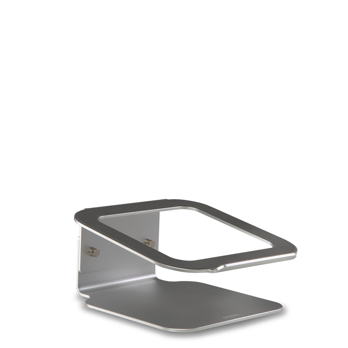 A premium solid aluminium laptop stand with 'desire2' logo printed on it. Shown without a laptop. Soft grippy grey silicone can be shown on the part where the laptop will make contact with the stand.