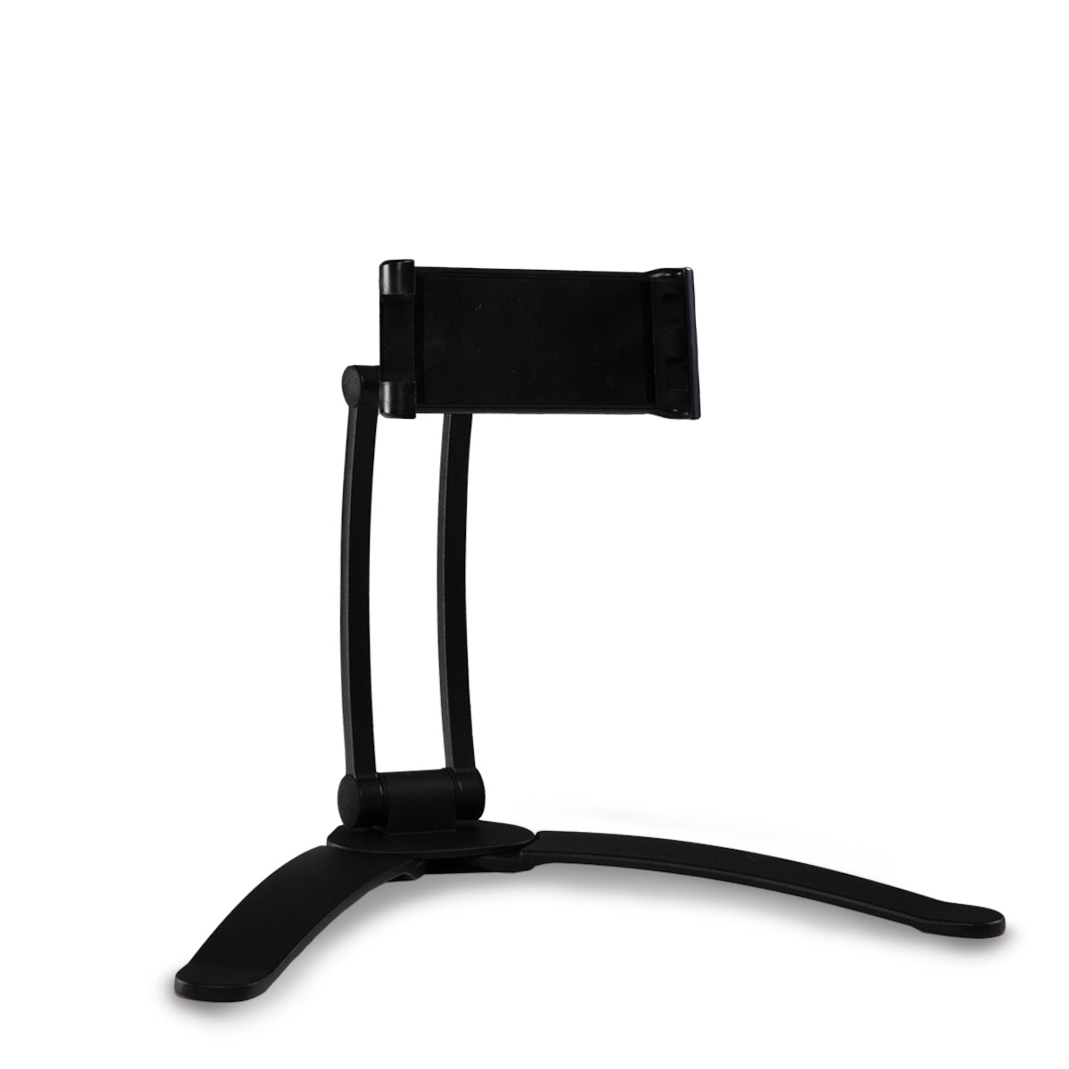 A Sleek black plastic stand for Tablet or Smartphone.  The stand has large but slim looking feet splaying out at 30 degree angles at the base.