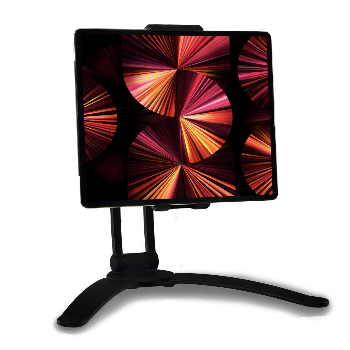 An iPad Tablet Computer in a black plastic Desire 2 adjustable tablet stand. The stand has two attractive feet splaying out from the central mount at 30 degree angles.  