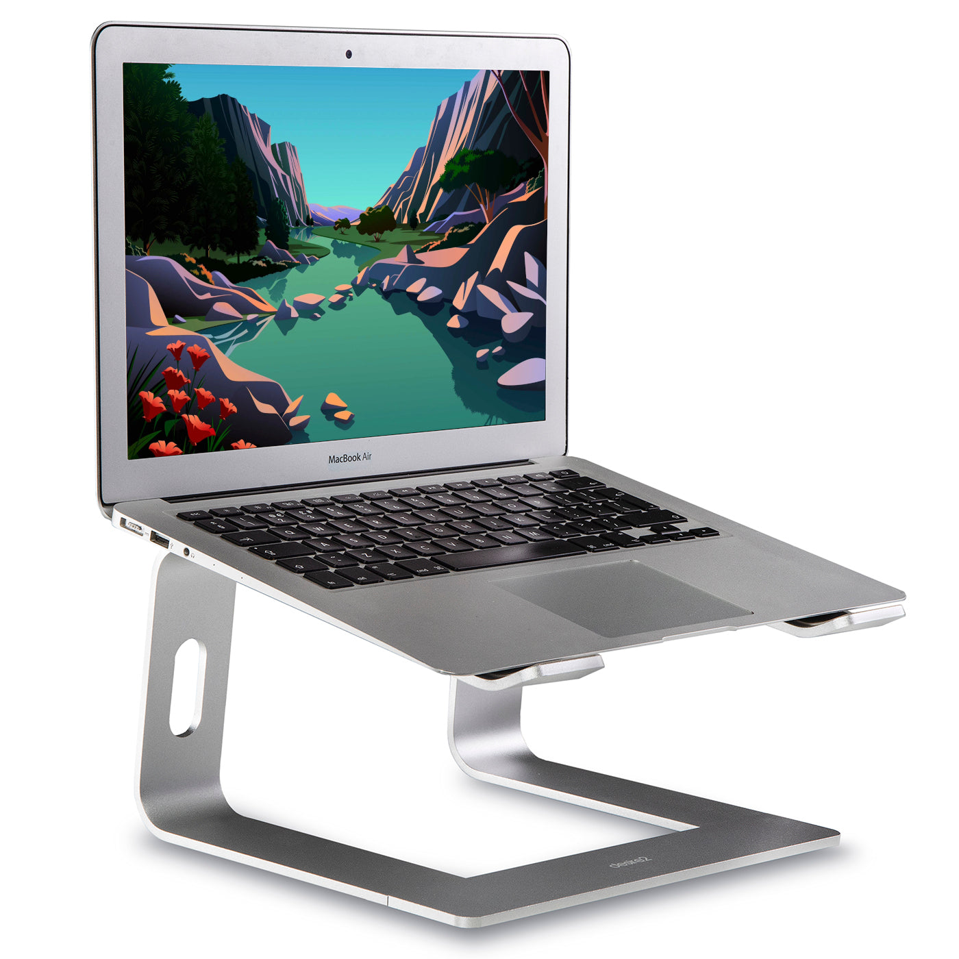 A silver apple macbook air on a well engineered  aluminium laptop stand with solid looking build quality