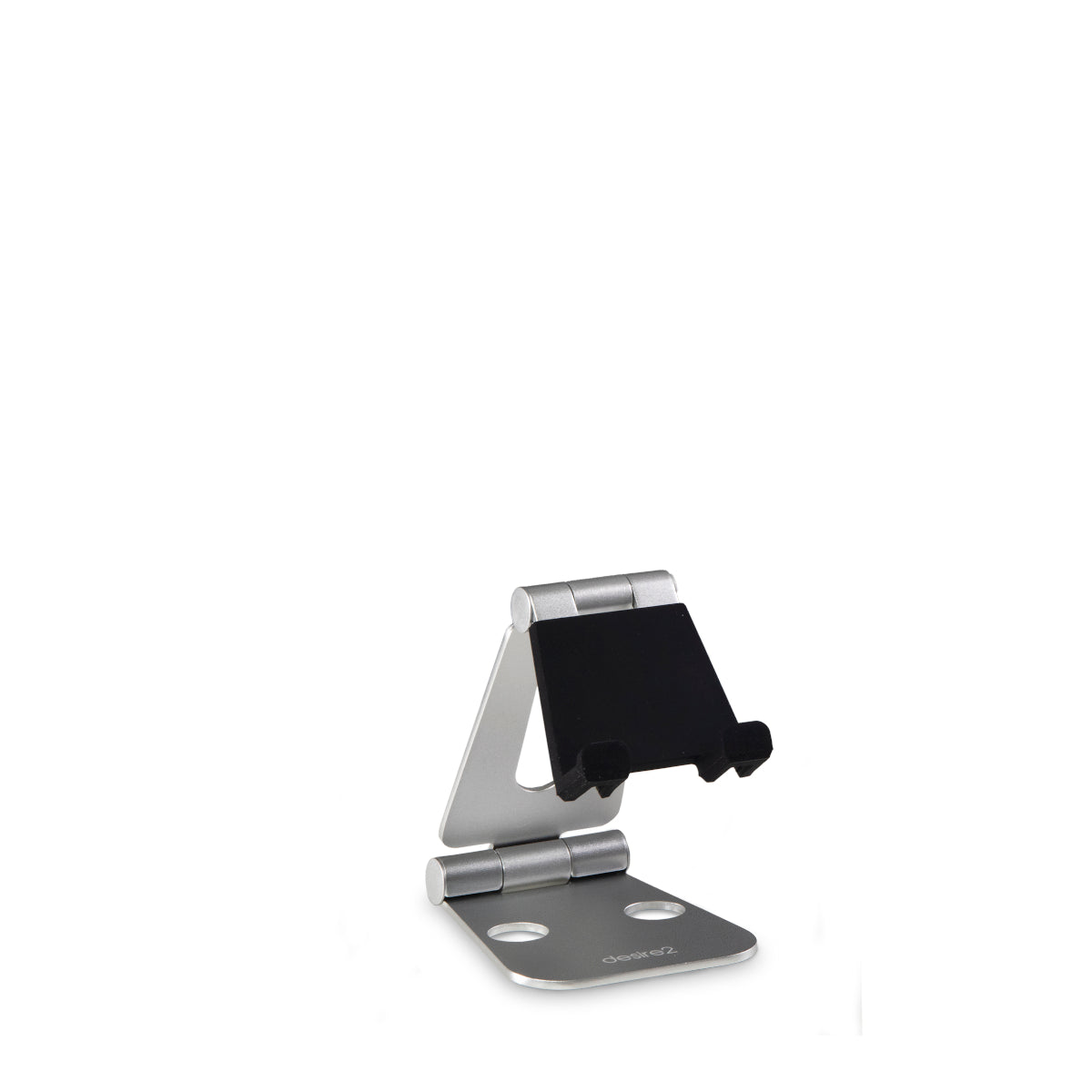 Silver Aluminum desk stand for Tablet and Smartphone with adjustable angles shown in the open position.  The part the holds the device has soft black silicone covering it.