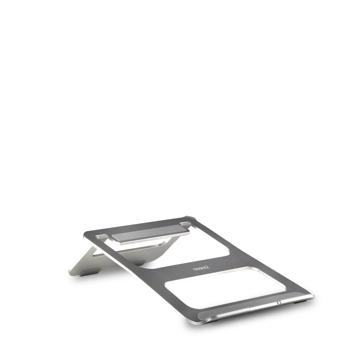 A very strong looking laptop stand made from silver aluminium. High grade silicone can be seen on all contact points.