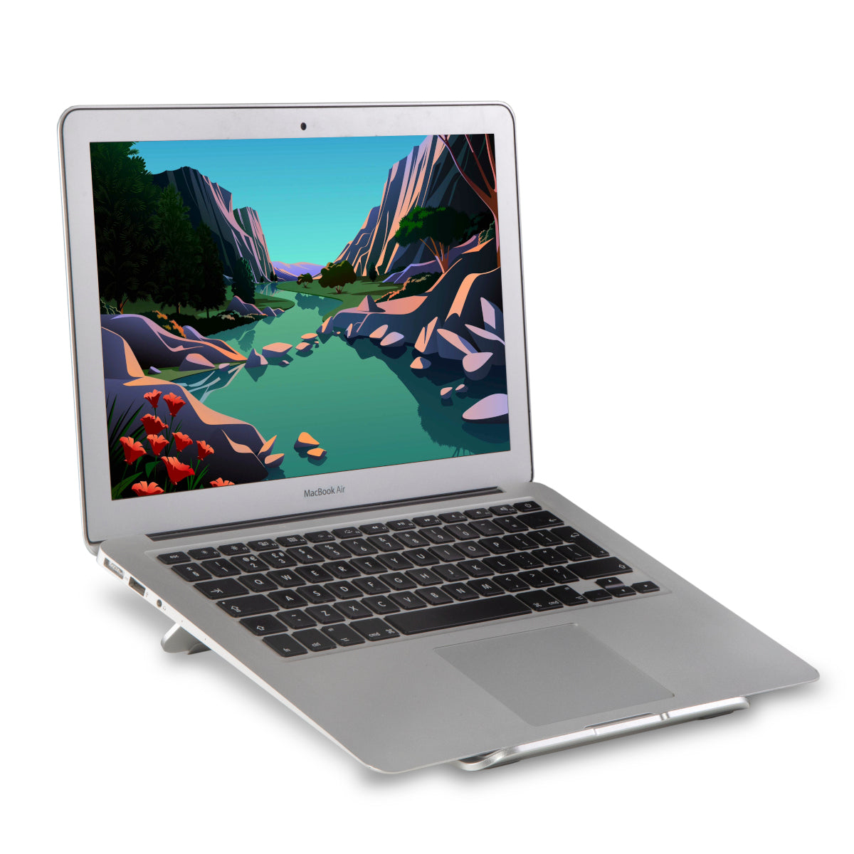 A silver MacBook Ai resting on a strong looking aluminium stand which elevates it.