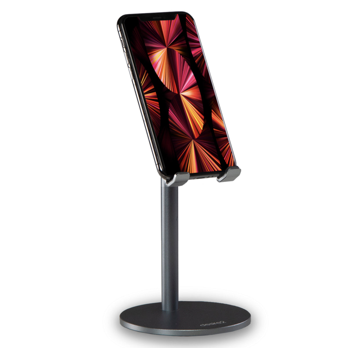 aluminium metal phone desk stand with apple iphone held neatly in place
