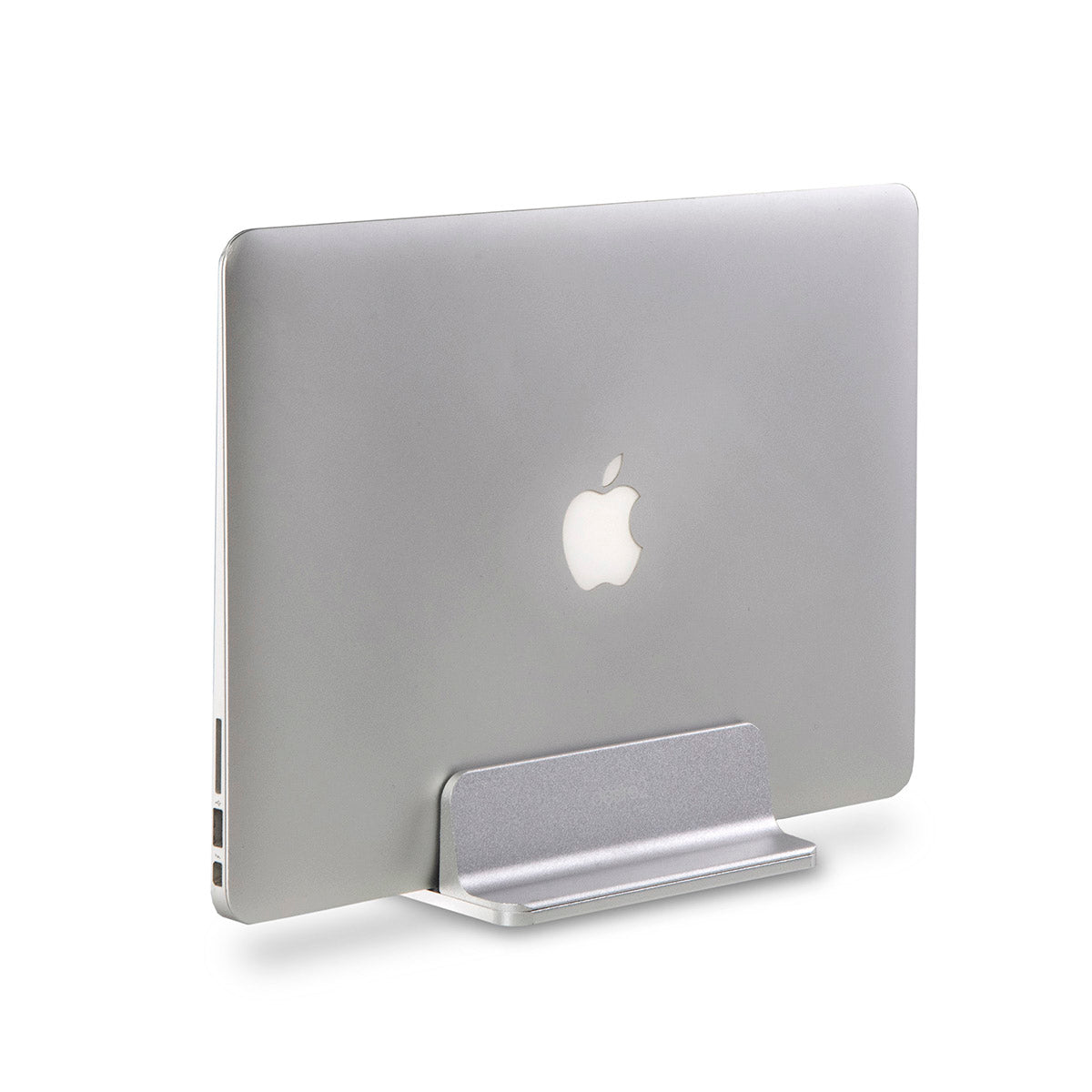 Apple Macbook held vertically upright in the closed position by a premium aluminium laptop stand