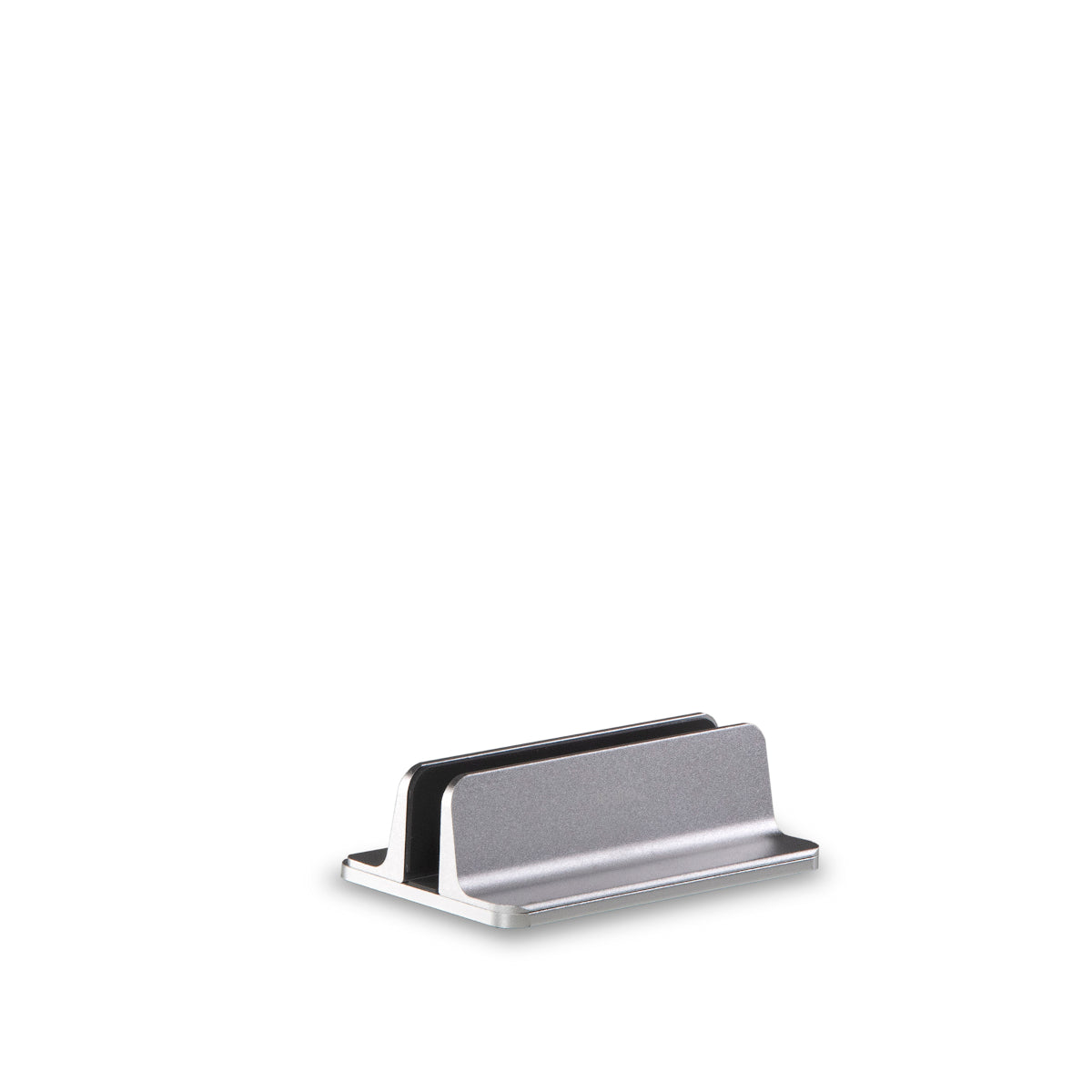 A solid aluminium laptop stand with silver finish. Stand is design to hold laptops upright in the closed position .