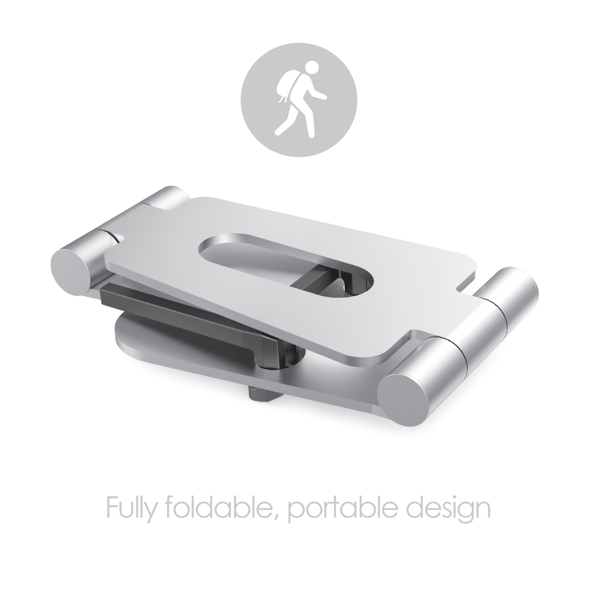 a Tablet and smatphone stand made from silver Alimuium is shown in the folded position.  An Icon is shown with a man wearing a backpack.  Text at the bottom reads "fully foldable, portable design"