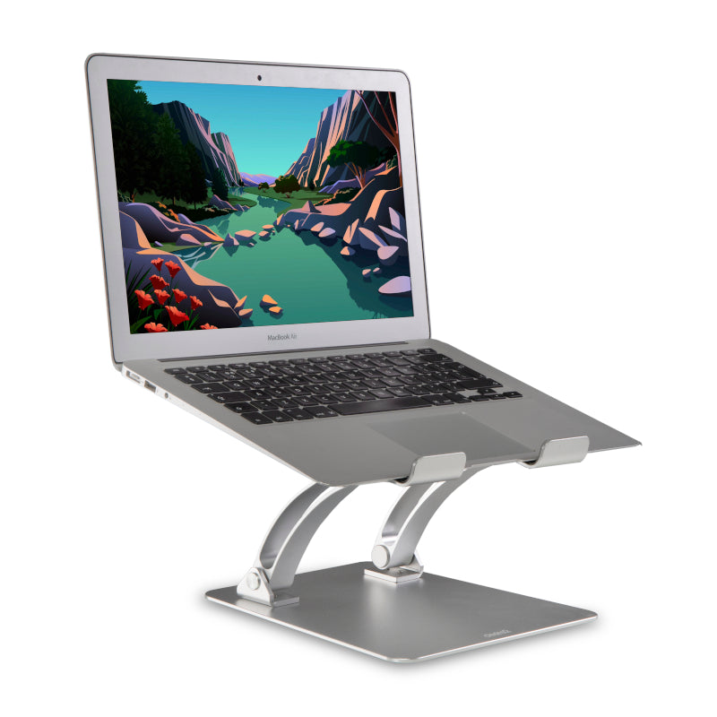 A Silver apple macbook air on a well engineered silver aluminium riser stand with beautiful hinges