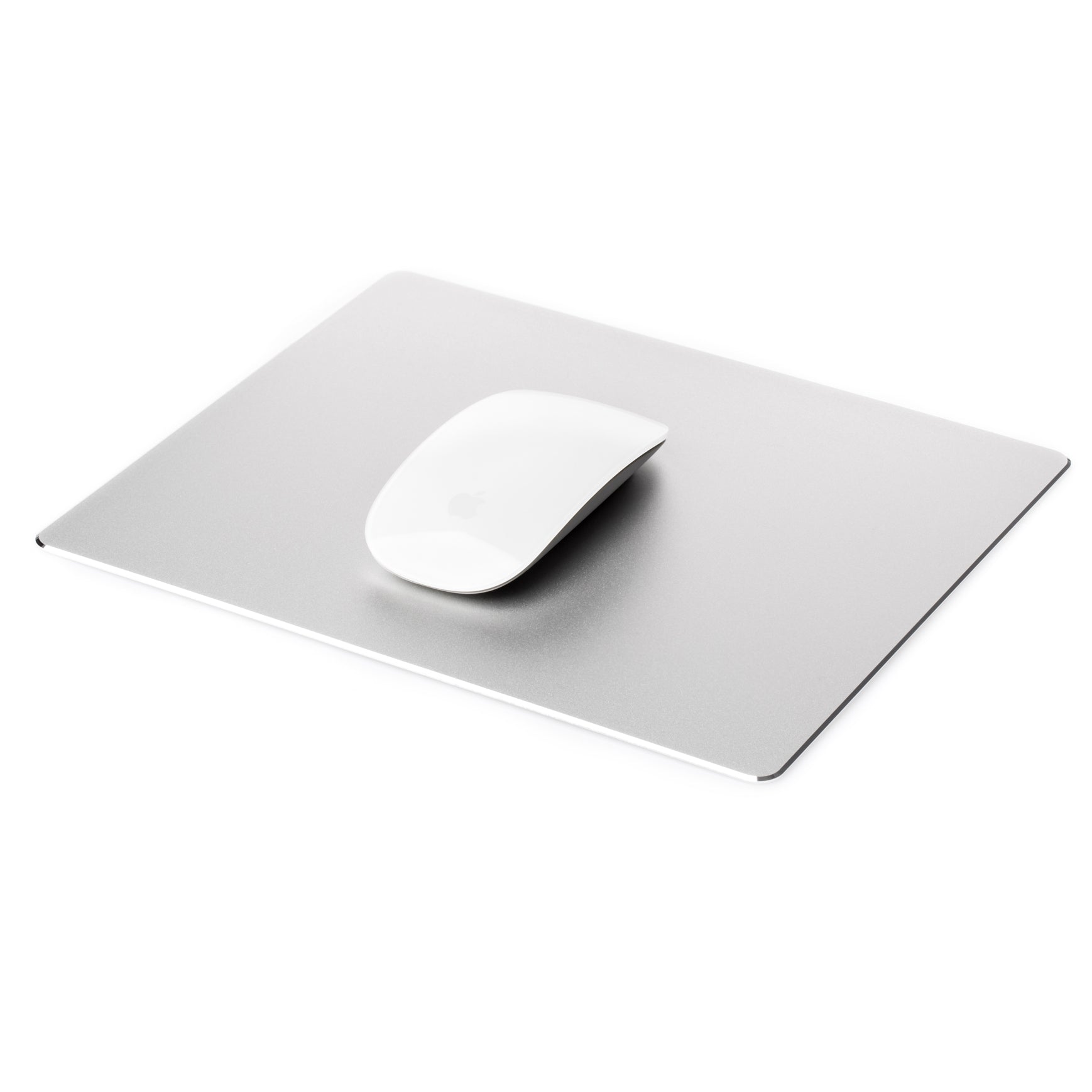 Apple mouse on a rectangular aluminum Mouse pad suitable for gaming, home, work or office.