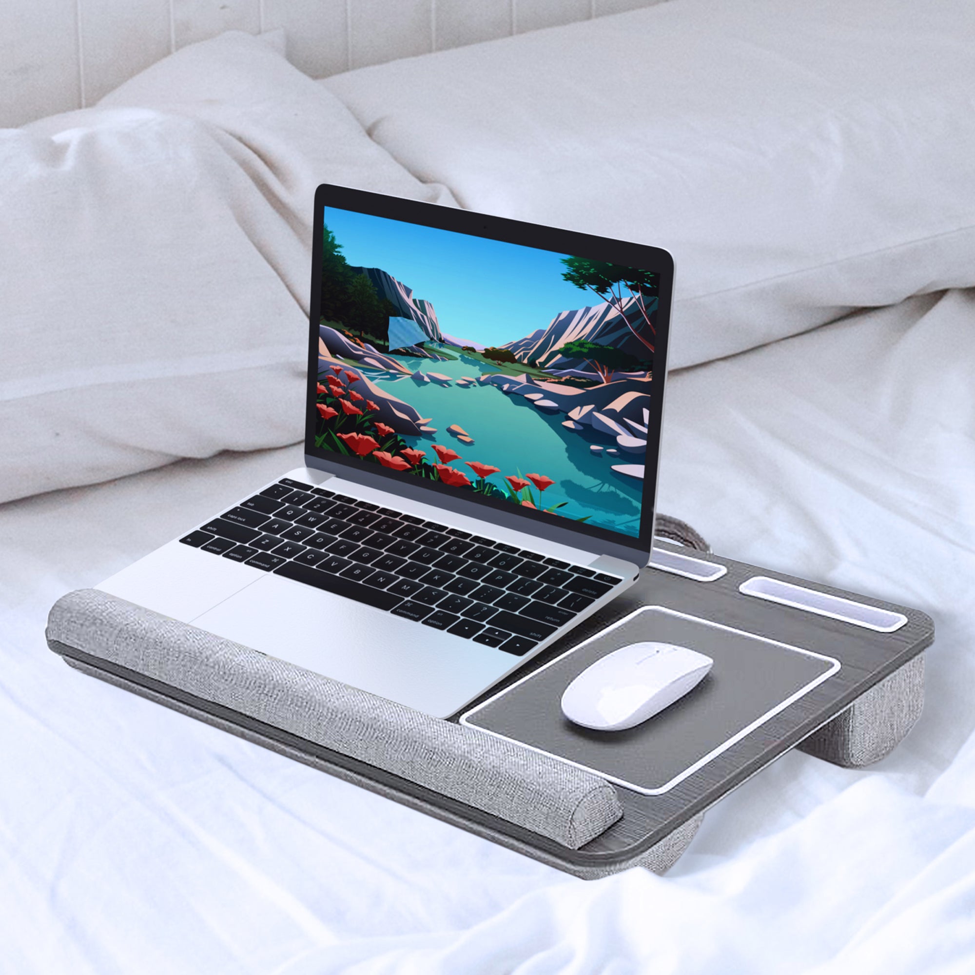 Laptop lap desk with store mouse pad