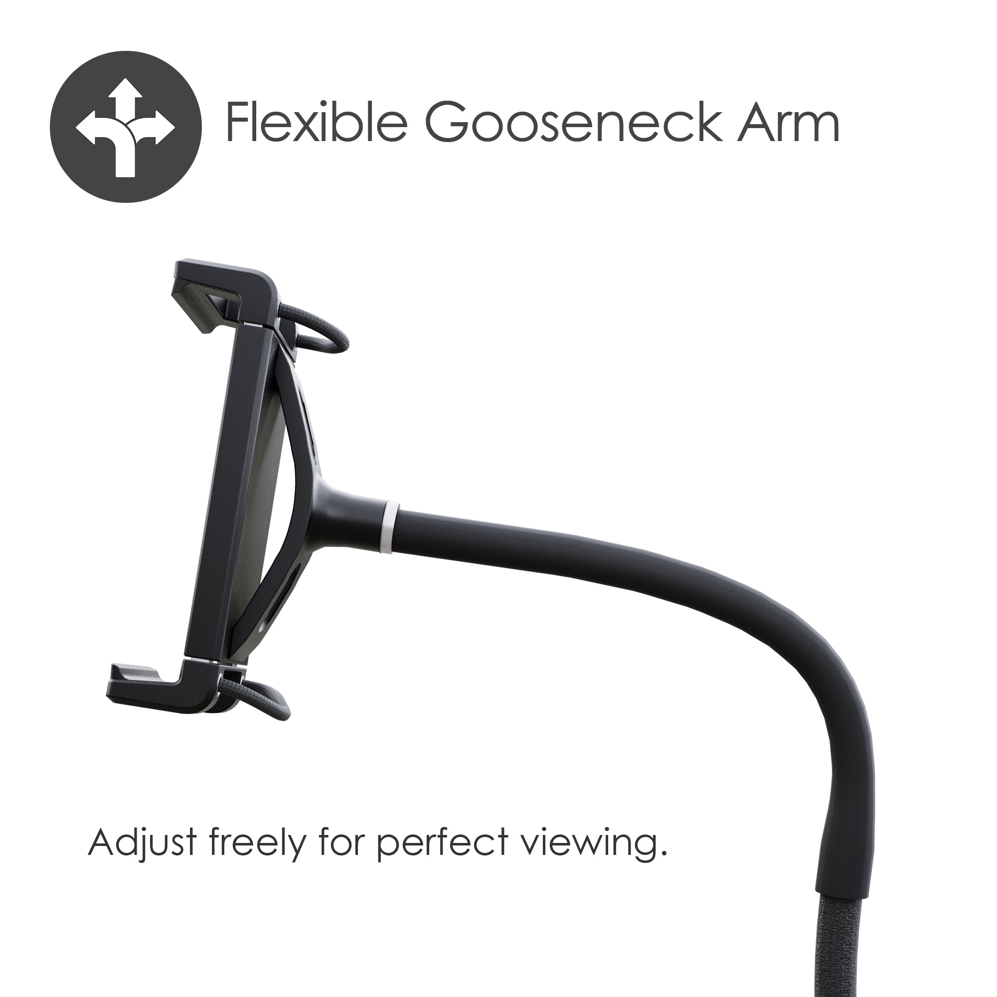 Black flexible gooseneck arm with text on a white background
