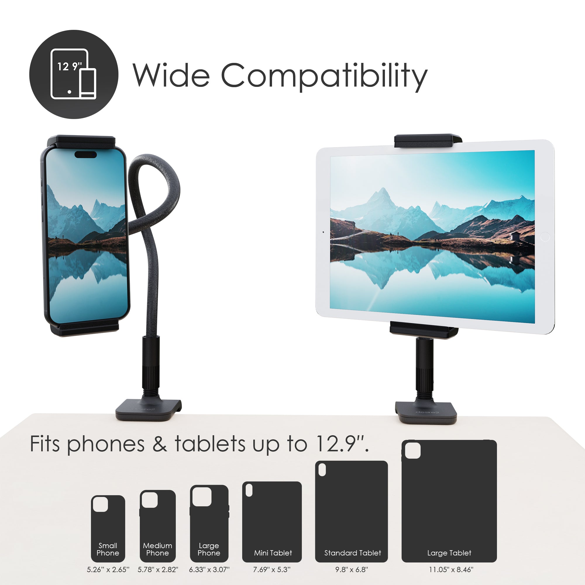 Phone and tablet stand with compatibility chart on a white background
