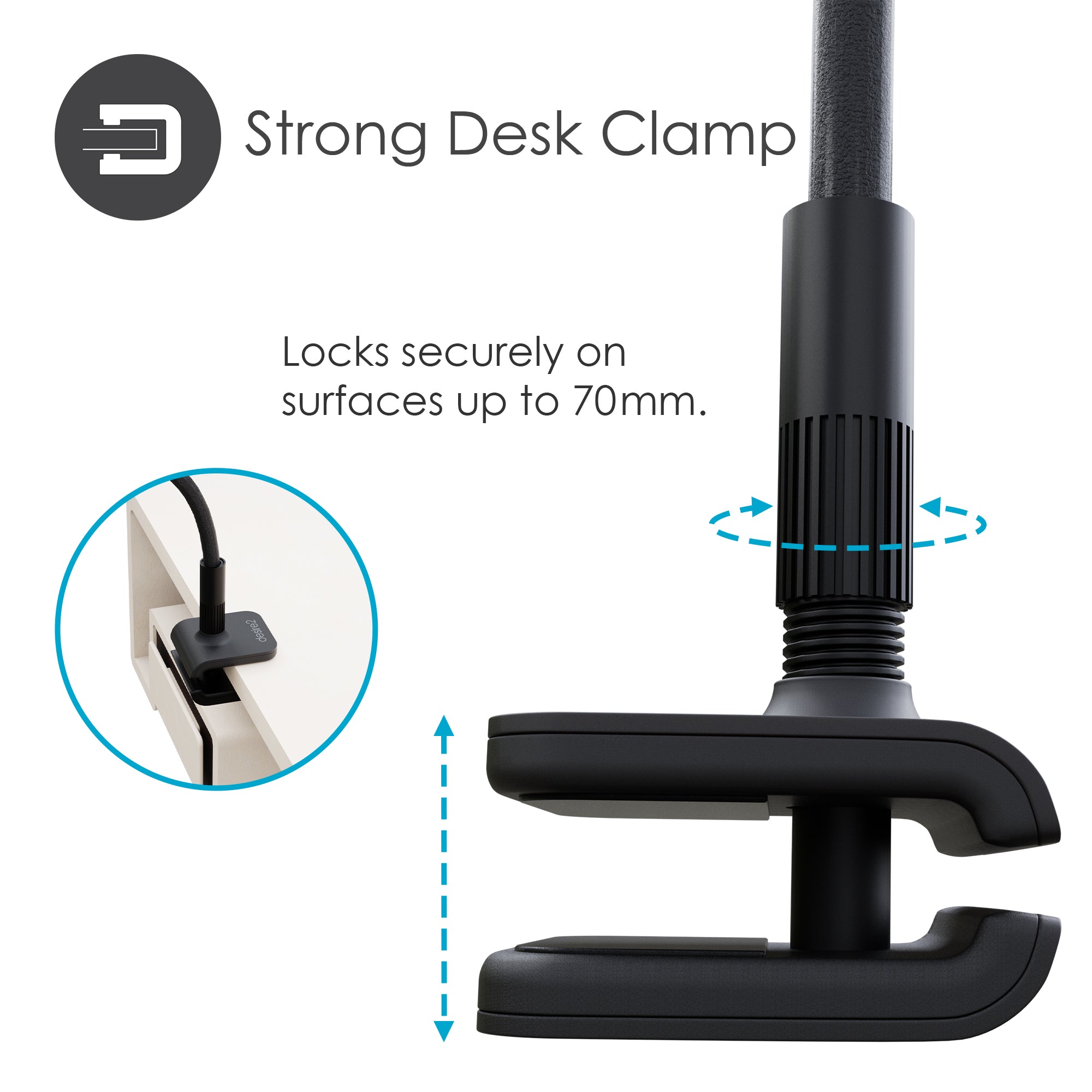 Black desk clamp with text indicating it locks securely on surfaces up to 70mm.