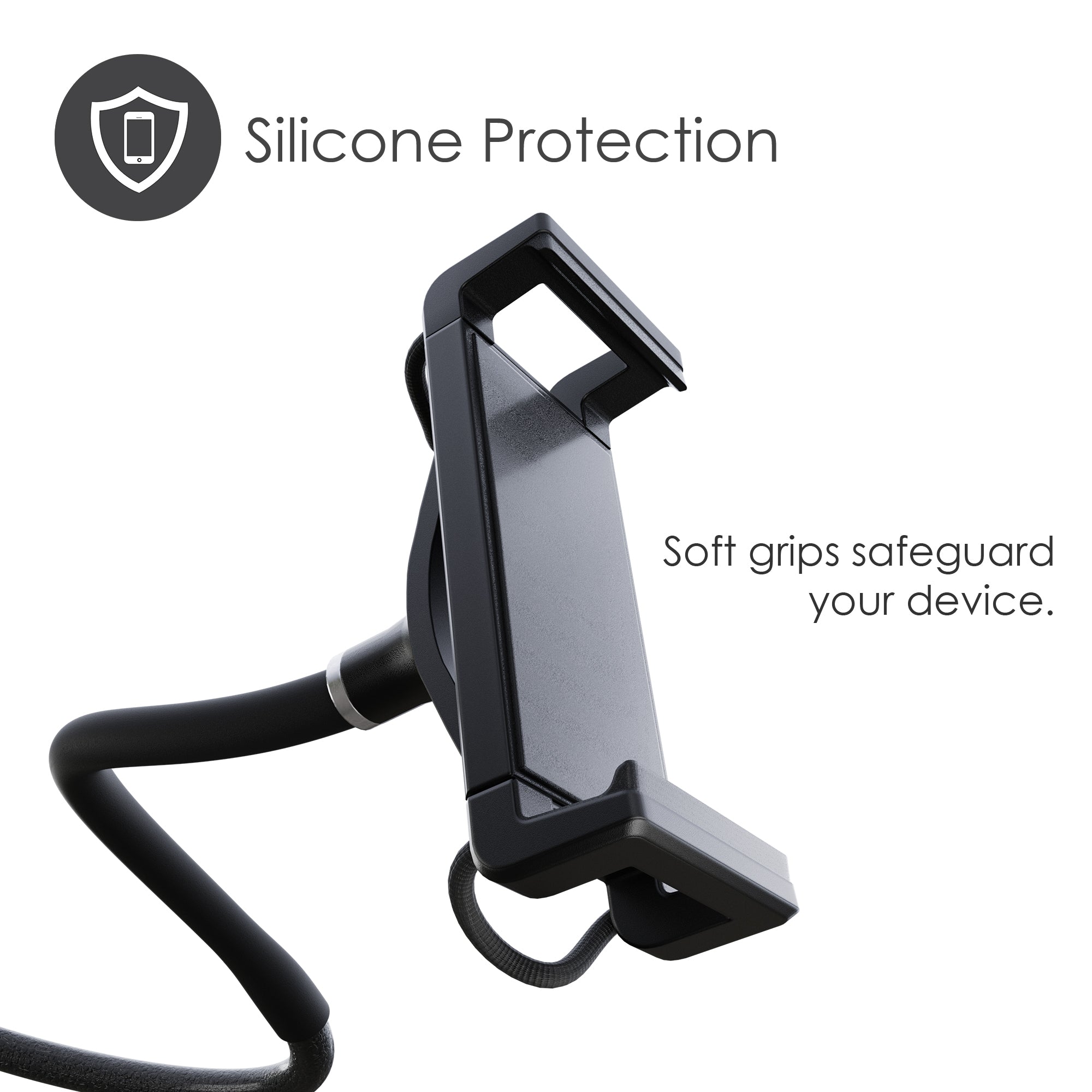 Black phone holder with silicone protection feature on a white background