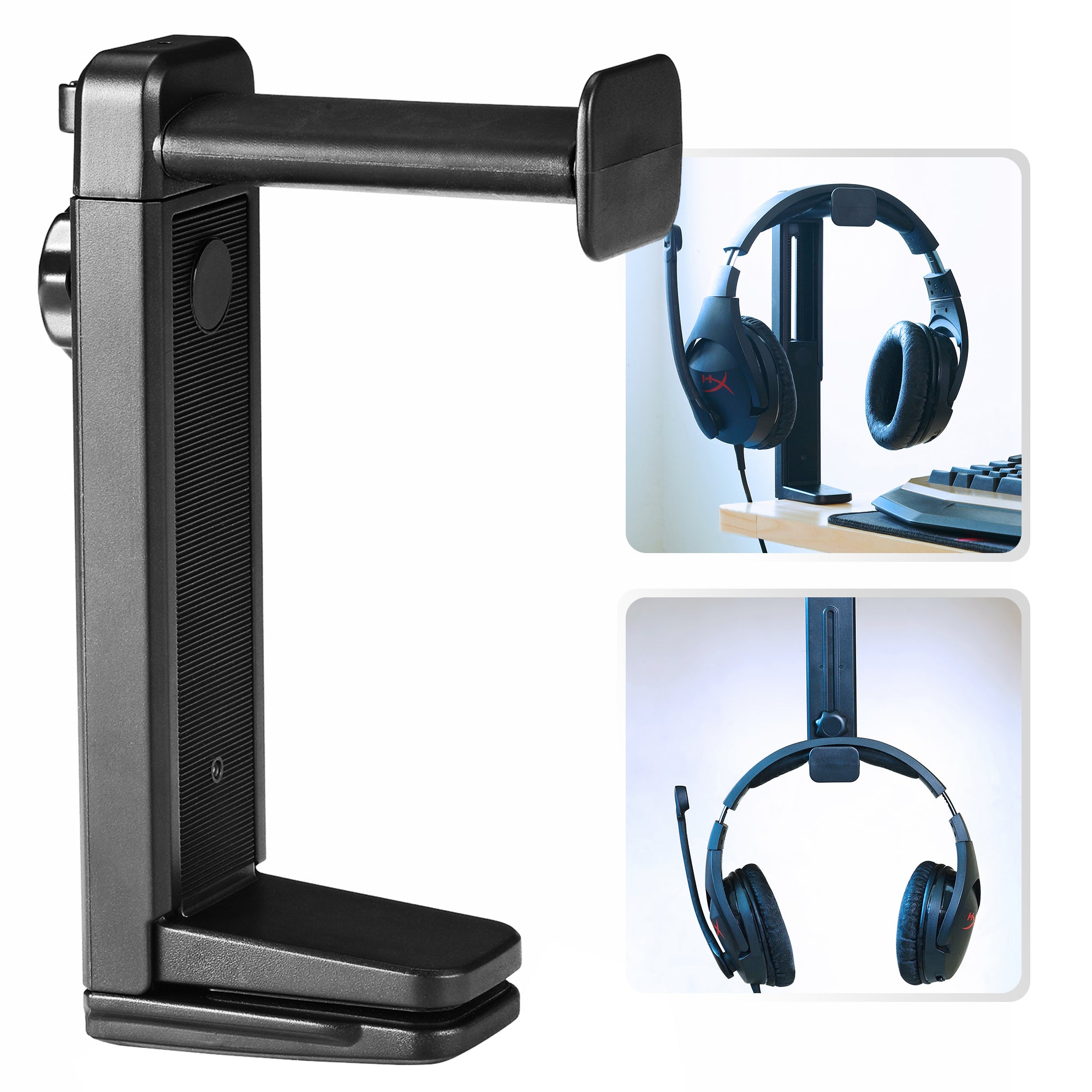 An adjustable desk mounted headphone stand with premium headphones