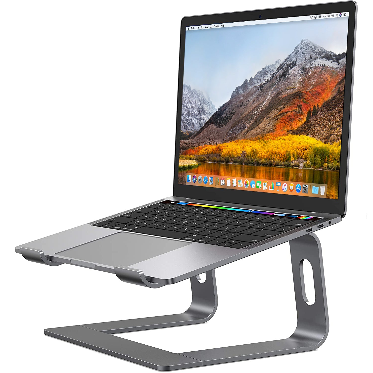 An Apple Macbook Pro on a very well built aluminium stand 