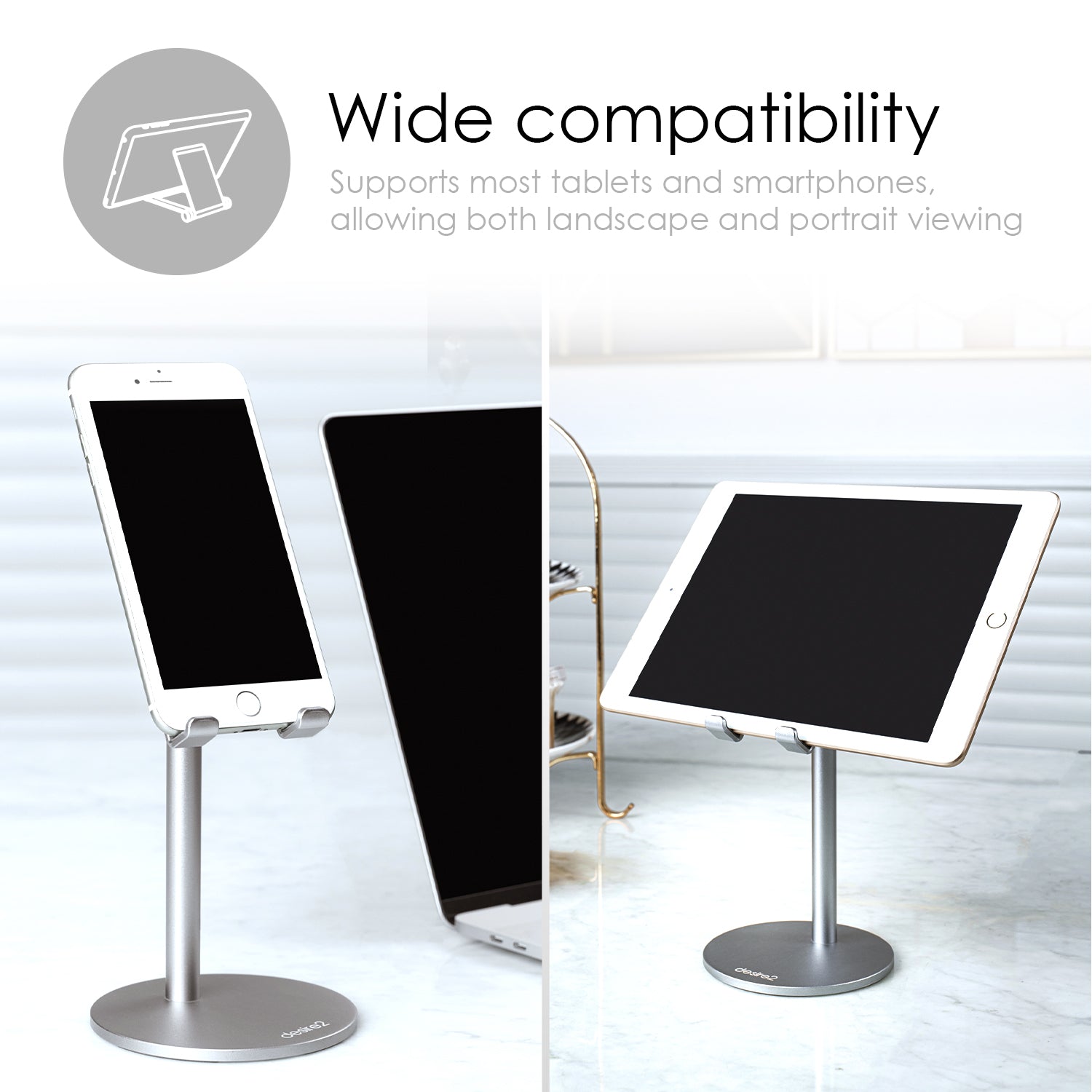 Image shows the wide compatibility  of an aluminium metal smartphone and tablet stand.   