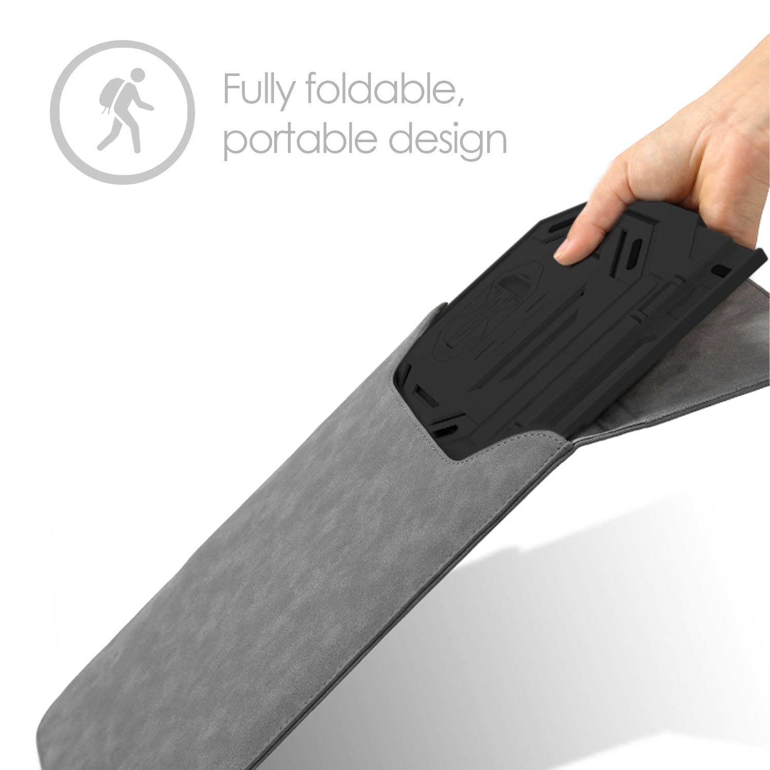laptop stand in the folded position shows how slim it folds down to.  very slim.  text reads "fully foldable portable design "
