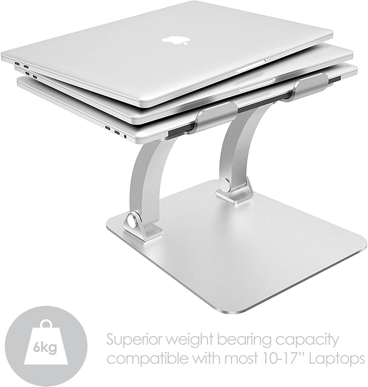 A well engineered laptop stand with three apple mac computers piled on it to show how strong it is.  An Icon shows a weight with "6kg" on it.  Text reads "Superior weight bearing capablity compatible with most 10-17 inch laptops 