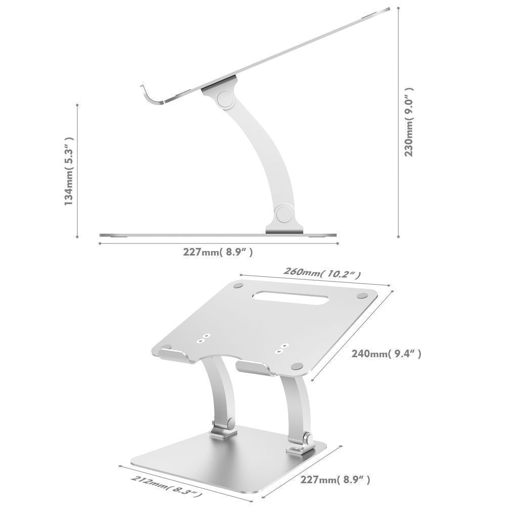 A premium laptop stand with dimensions annotated . 230 mm high at the tallest,  130 mm tall at the shortest. The base plate is 212 mm by 227 mm.  The plate for holding the laptop is 260 mm by 240 mm