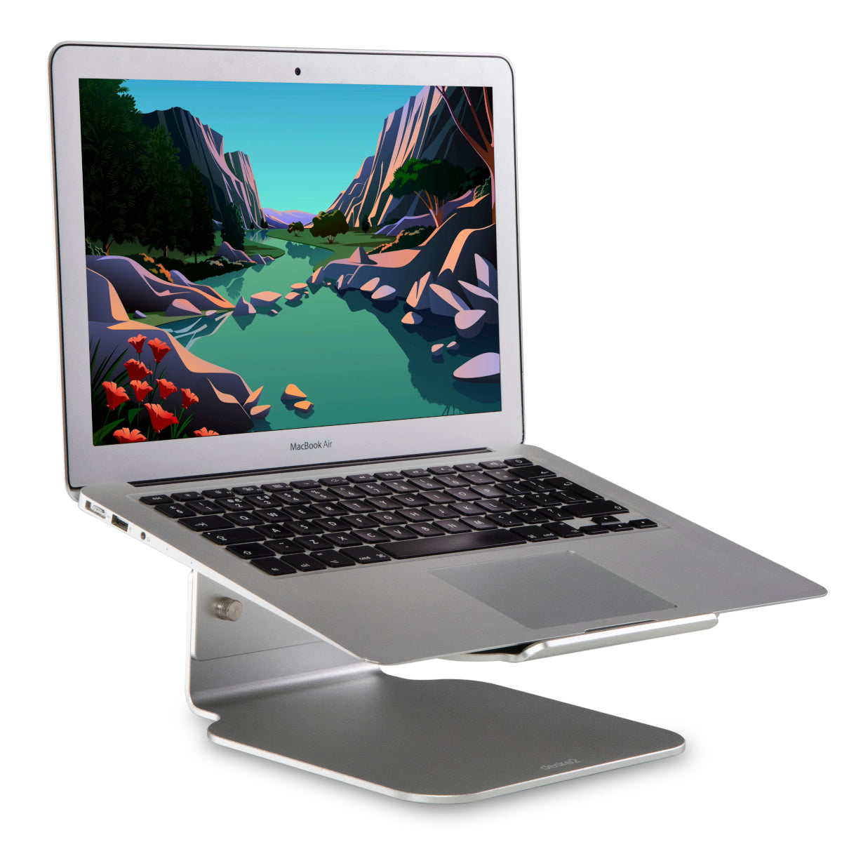 Solid aluminium laptop stand with 'Desire2' logo on it.  An Apple Macbook air laptop is on the stand with the screen open and the 'big sur' background showing.  