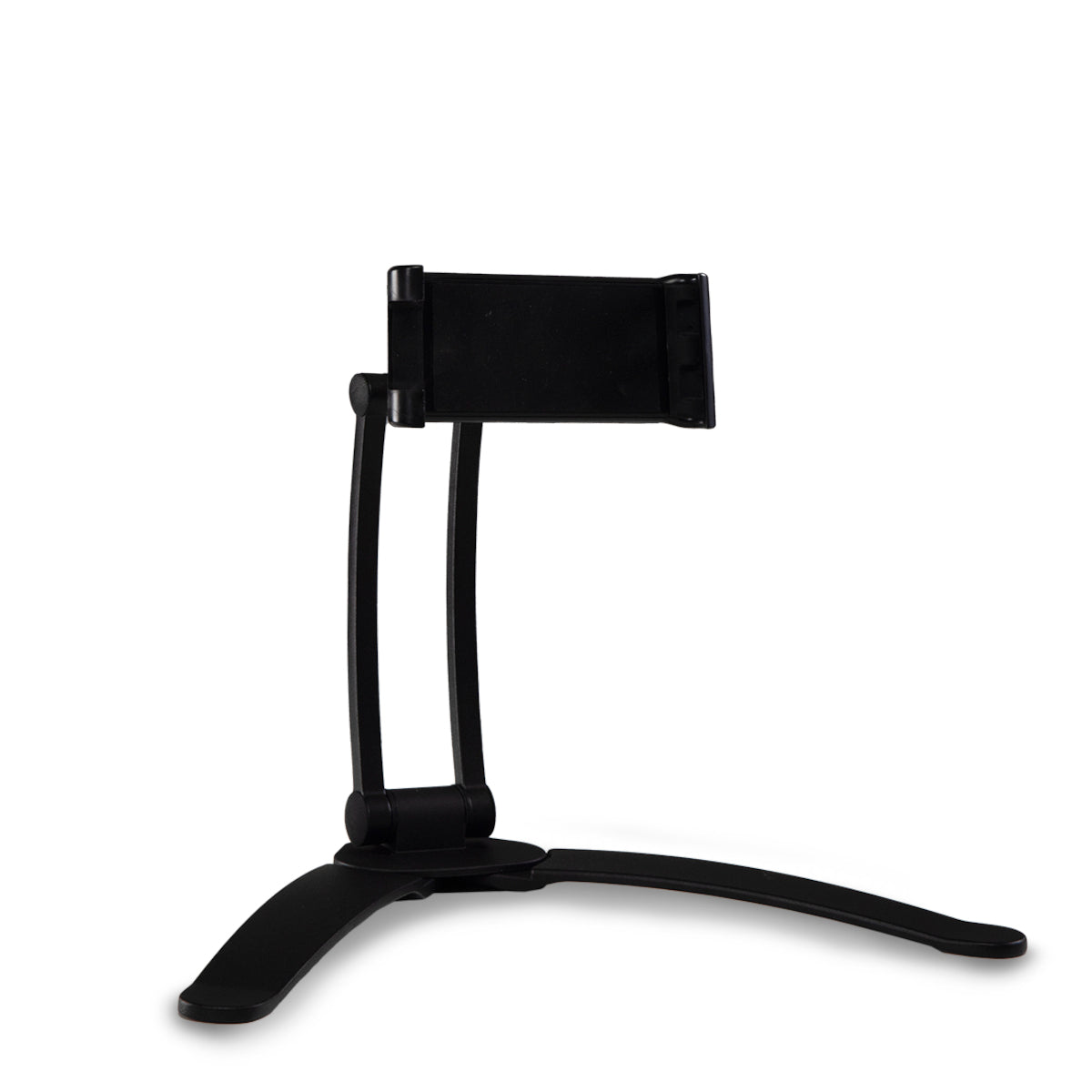 A Sleek black plastic stand for Tablet or Smartphone.  The stand has large but slim looking feet splaying out at 30 degree angles at the base. 
