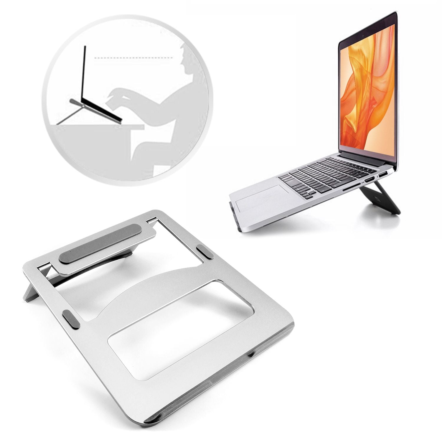 Aluminium laptop riser with and without laptop. 