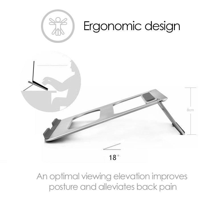 An Aluminium foldable laptop stand. An optimal viewing elevation improves posture and alleviates back pain'