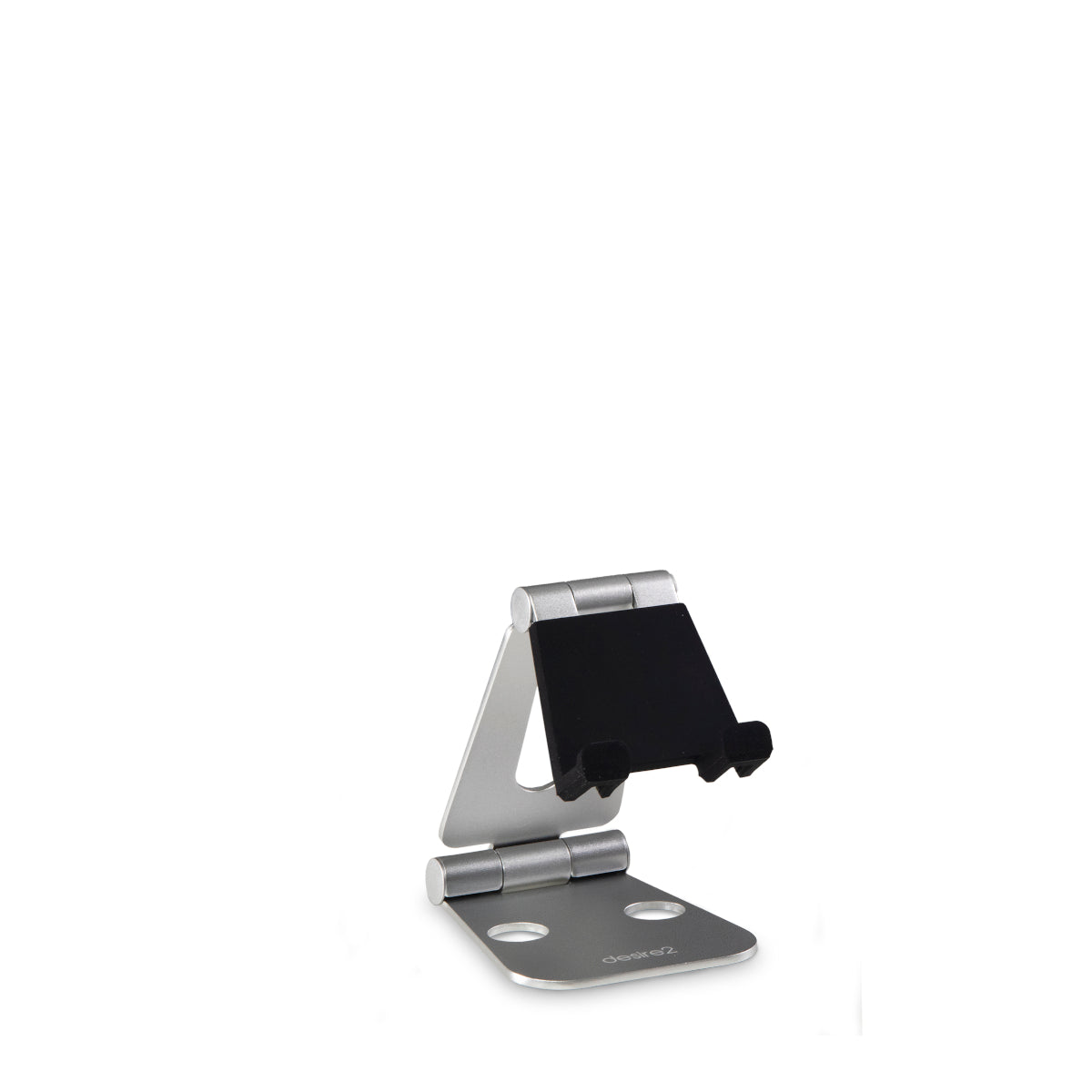 Silver Aluminum desk stand for Tablet and Smartphone with adjustable angles shown in the open position.  The part the holds the device has soft black silicone covering it.  