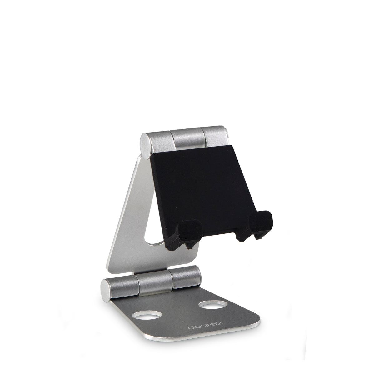 Silver Aluminum desk stand for Tablet and Smartphone with adjustable angles shown in the open position. The part the holds the device has soft black silicone covering it.