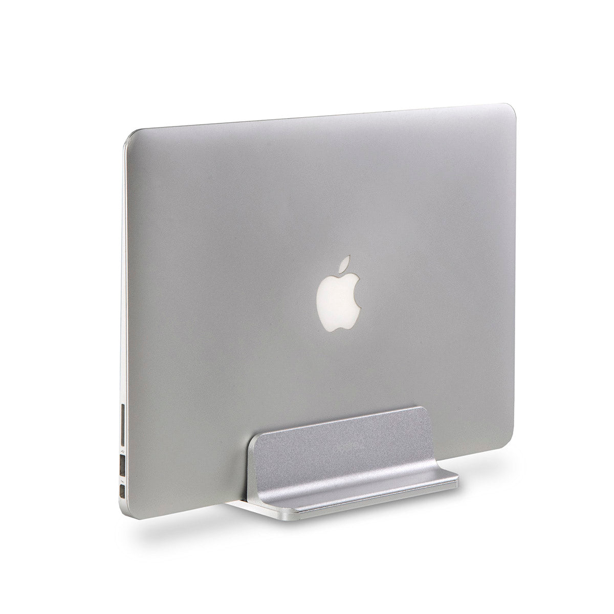 Apple Macbook held vertically upright in the closed position by a premium aluminium laptop stand  