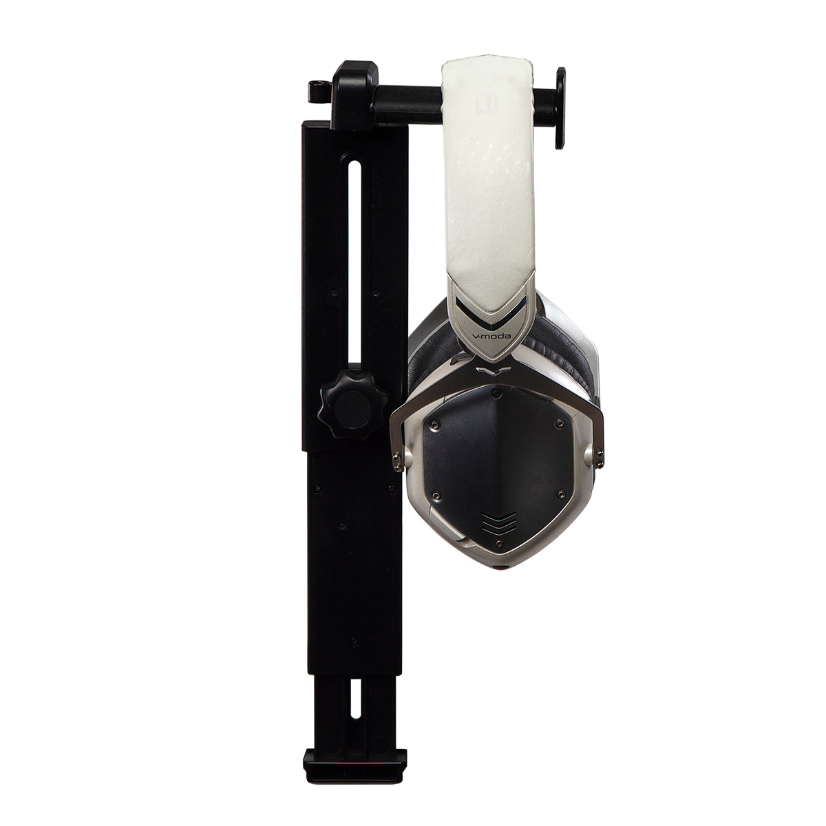 Black plastic desk mounted Headphone stand with white headphones