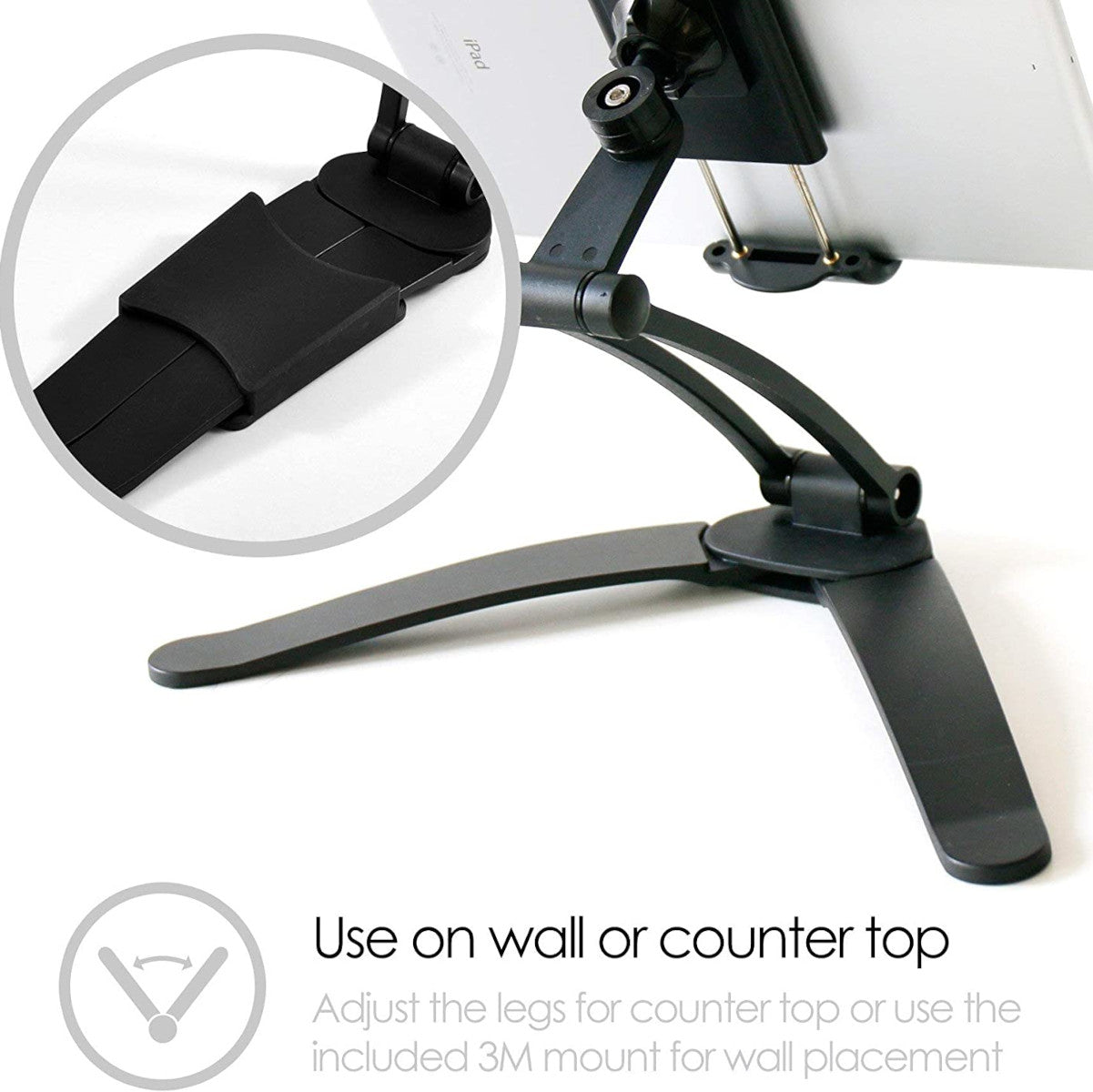 A Mount stand holder for Tablet or Smartphone. The easy adjustment of the viewing angle using 4mm allen bolts can be seen . 360 ball joint.  Text on the image reads "Use on wall or counter top" and "Adjust the legs for countertop use or use the included 3M mount for wall placement. "