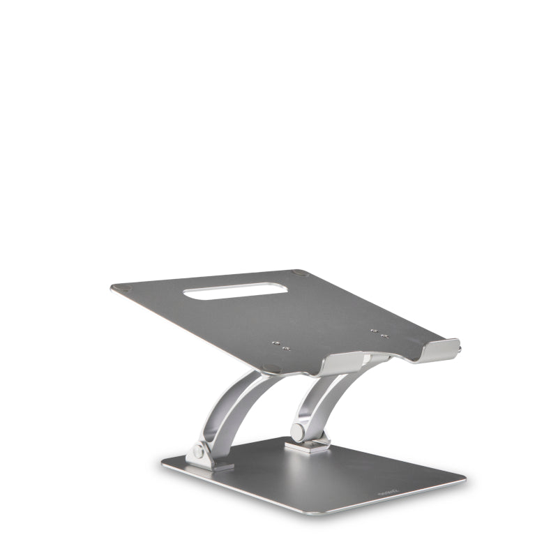 A well engineered silver aluminium riser stand with beautiful hinges.  A slot is cut into the stand to allow for heat dispersion of any laptop placed on it 
