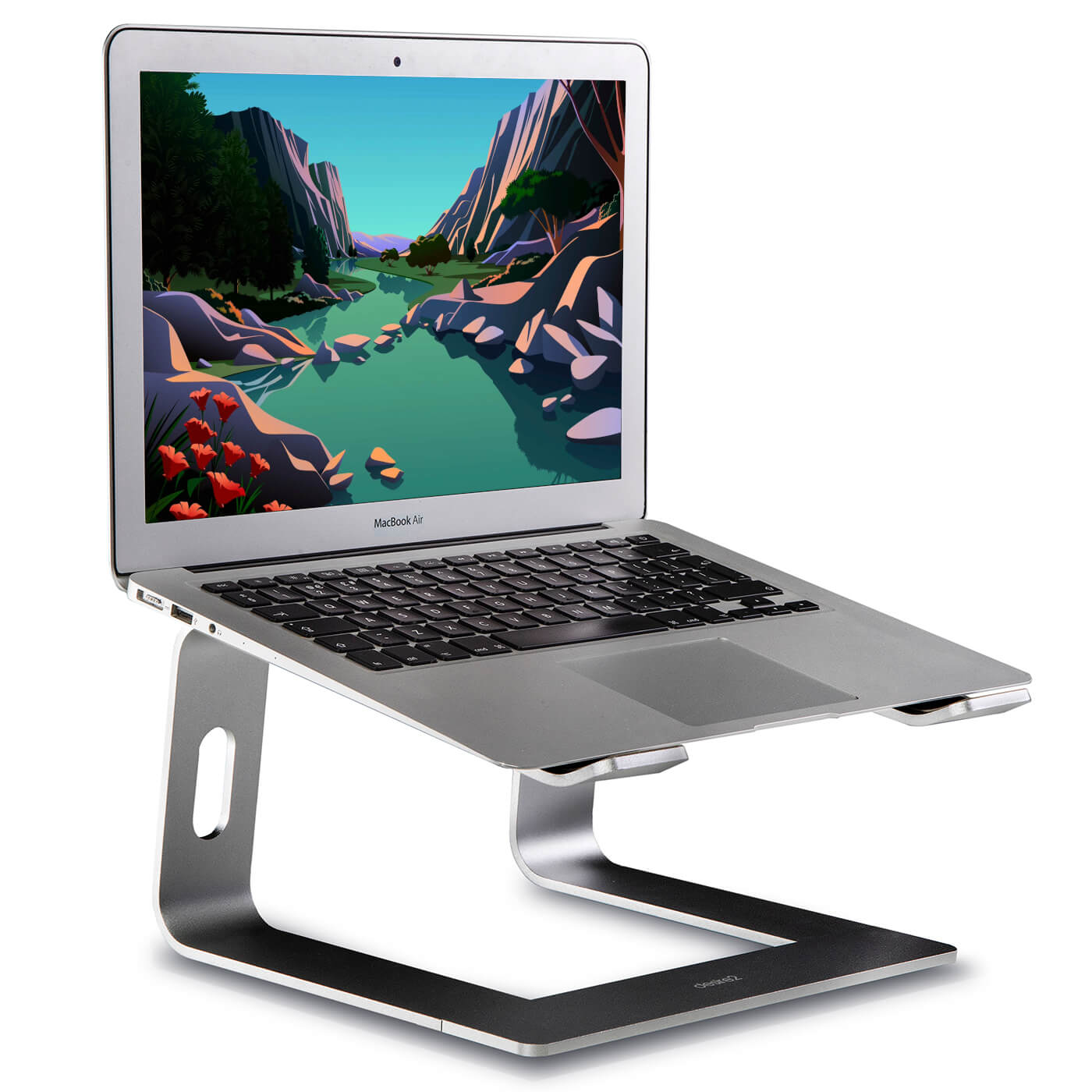 A silver apple macbook air on a well engineered gun metal aluminium laptop stand